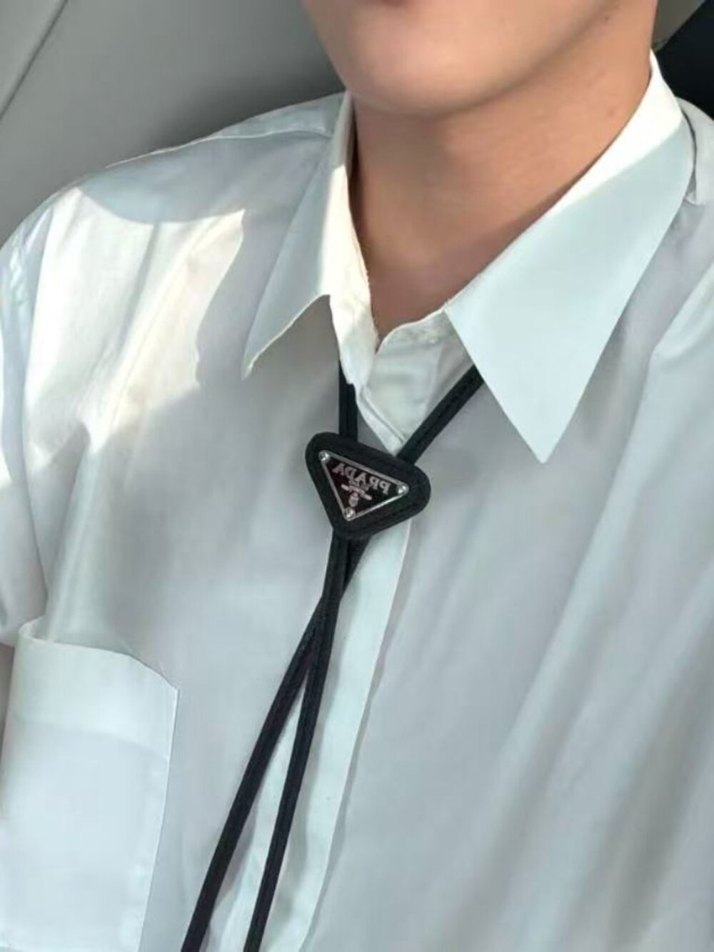 New PRADA Saffiano Leather Bolo Tie🖤 Black | Triangle Logo | Gift Box ✨ - Picture 2 of 8